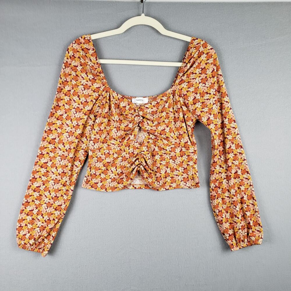Hashtag L Smocked‎ Cutout Crop Top Long Sleeve Retro Flower Power Print Hippie